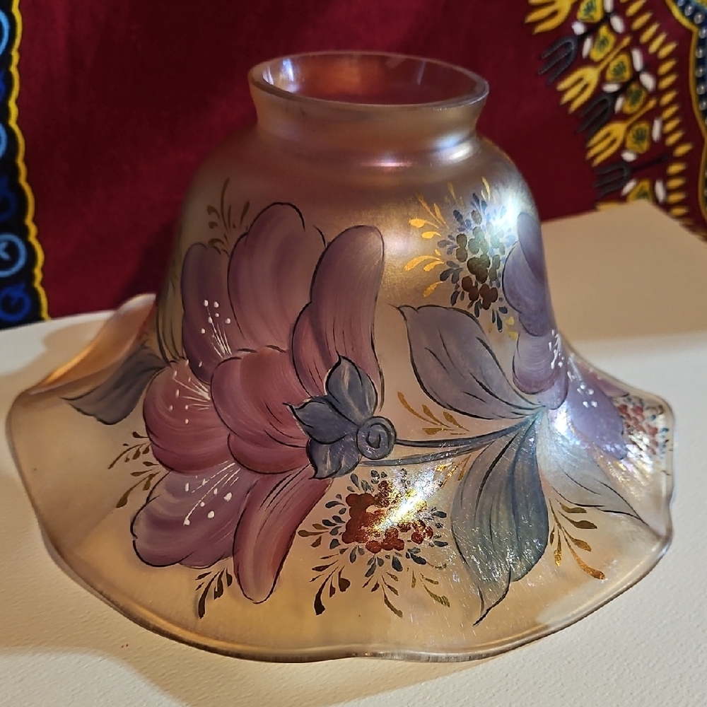 Signed Iridescent Floral Art Nouveau Hand Painted Lustre Ruffled Glass Shade